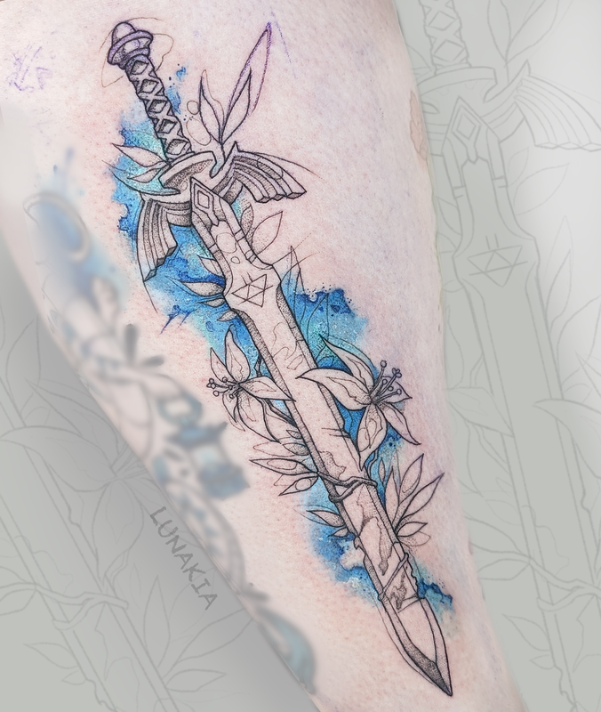 Tattoo of the Master Sword from Zelda witch sketch and watercolor effect